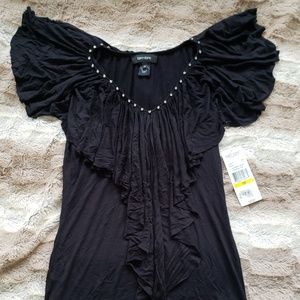 KAREN KANE BLACK FRILL RHINESTONE V NECK BLOUSE ..SIZE M NWT